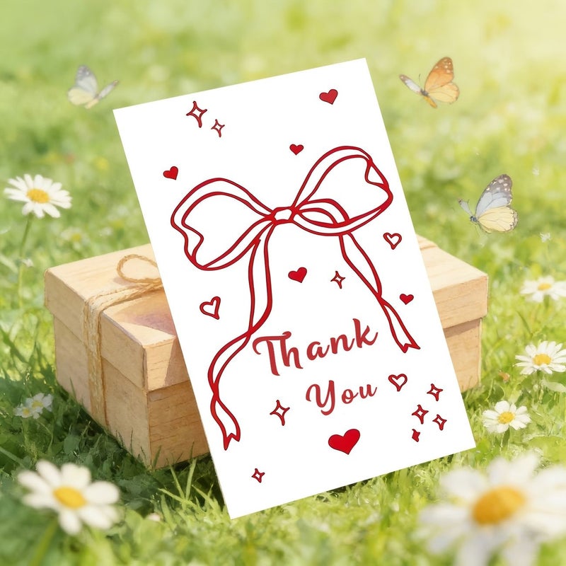 50 Pcs Exquisite Thank You Cards Red Bow Tiny Red Heart Star Shimmering Decorative Design For Festival Party Business Decoration - Image 1