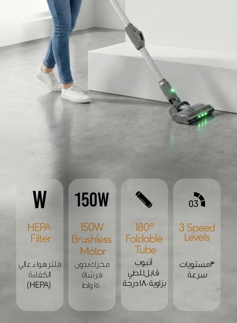 جرين ليون مكنسة كهربائية لاسلكية خفيفة الوزن، تعمل لمدة 45 دقيقة، مزودة بفلتر HEPA، منخفضة الضوضاء، 3 مستويات سرعة، شاشة عرض رقمية، ضغط عالٍ 12 كيلو باسكال، أداة تنظيف المفروشات، فرشاة أرضية بإضاءة LED - رمادي - Image 5