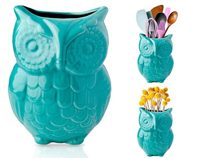 Comfify Owl Utensil Holder Decorative Ceramic Cookware Crock & Organizer, in Lovely Aqua Blue Color - Utensil Shaped Caddy and Perfect Kitchen Ceramic Decor Gift for Countertop - 5 x 7 x 4 Size