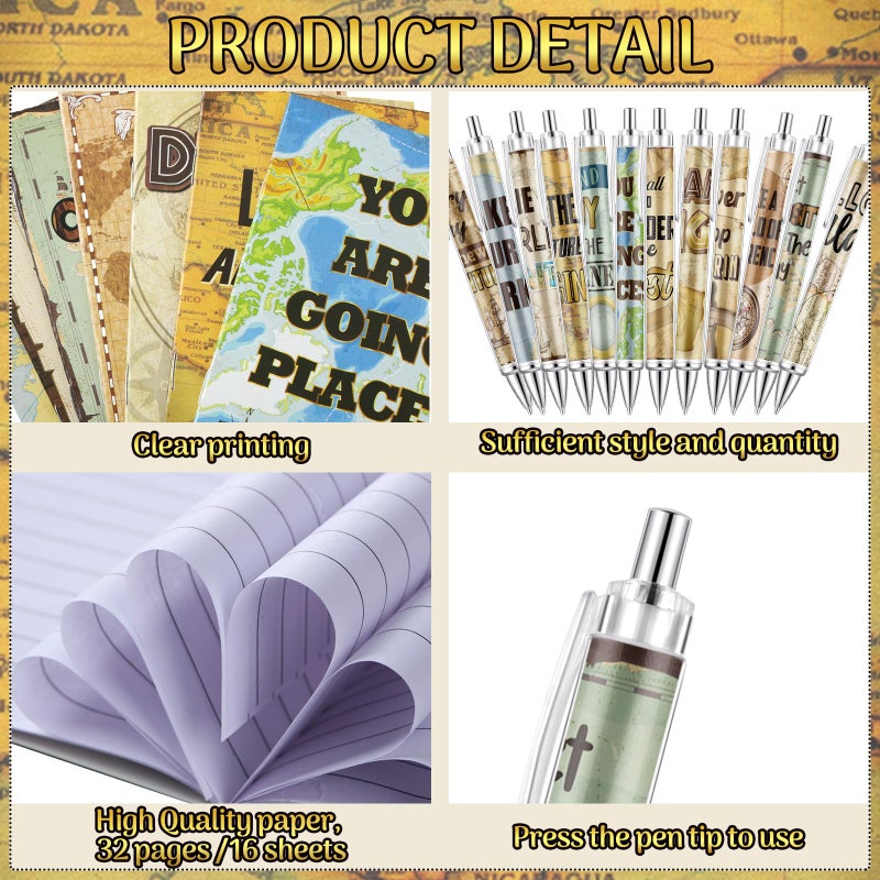 Eersida 48 Pcs Travel The Map Mini Notepad and Pen Set Travel Motivational Notepads with Quote Ballpoint Pens, 12 Styles - Image 3