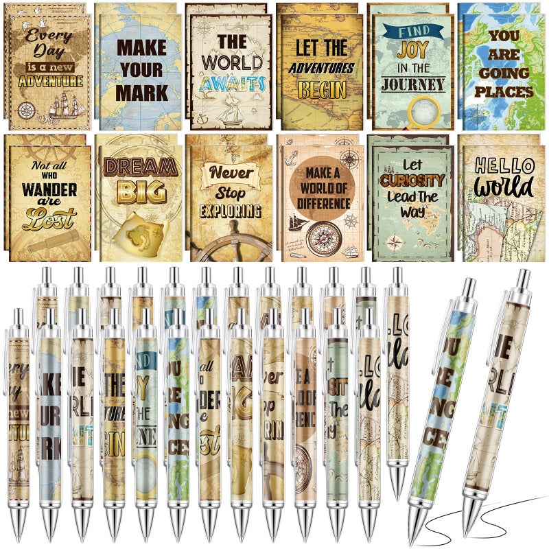 Eersida 48 Pcs Travel The Map Mini Notepad and Pen Set Travel Motivational Notepads with Quote Ballpoint Pens, 12 Styles - Image 1