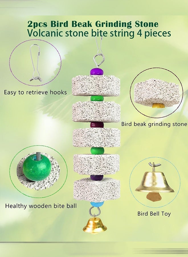 2 Pcs Bird Chewing, Parrot Beak Grinding Stone with Bell, Lava Block Calcium Supplement for Small Pets, Bird Cage Accessories for African Greys Conure Budgies Cockatiel Hamster Chinchilla - Image 2