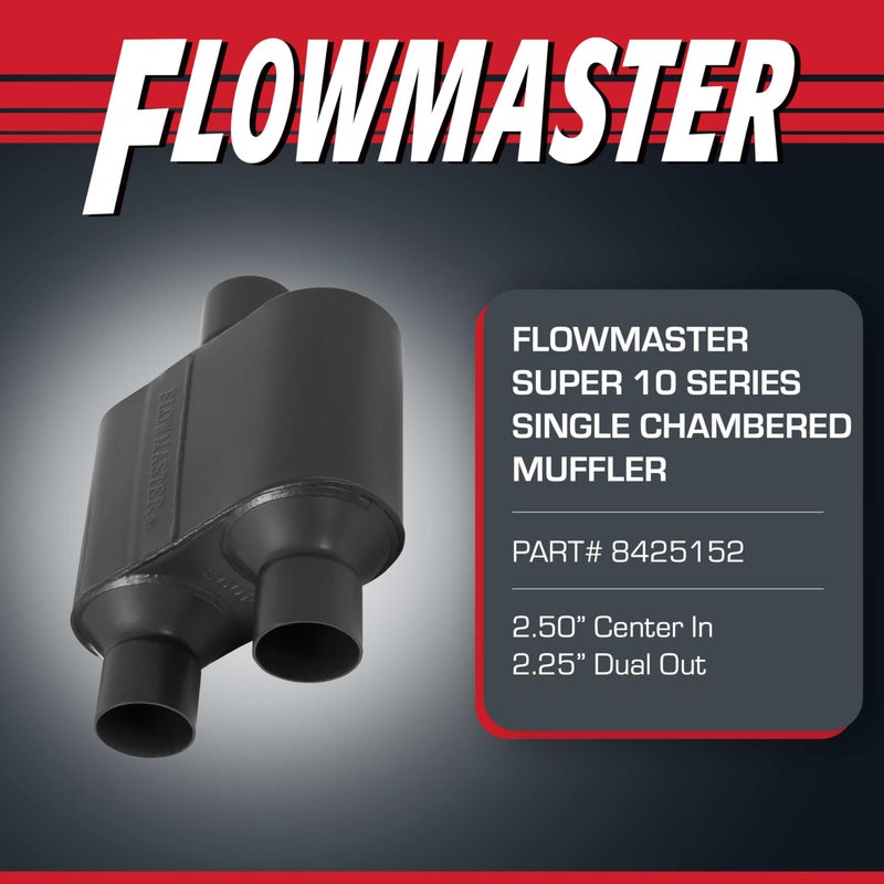 FLOWMASTER مخ muffler فلوماستر سوبر 10 سيريز مع غرف â€“ 2.50" مدخل مركزي / 2.25" مخرج مزدوج â€“ صوت مستوحى من السباق â€“ فولاذ مقاوم للصدأ 409 â€“ مثالي للسيارات العضلية، تبديلات LS، سيارات السحب وبناء الطرق الوعرة (8425152) - Image 2