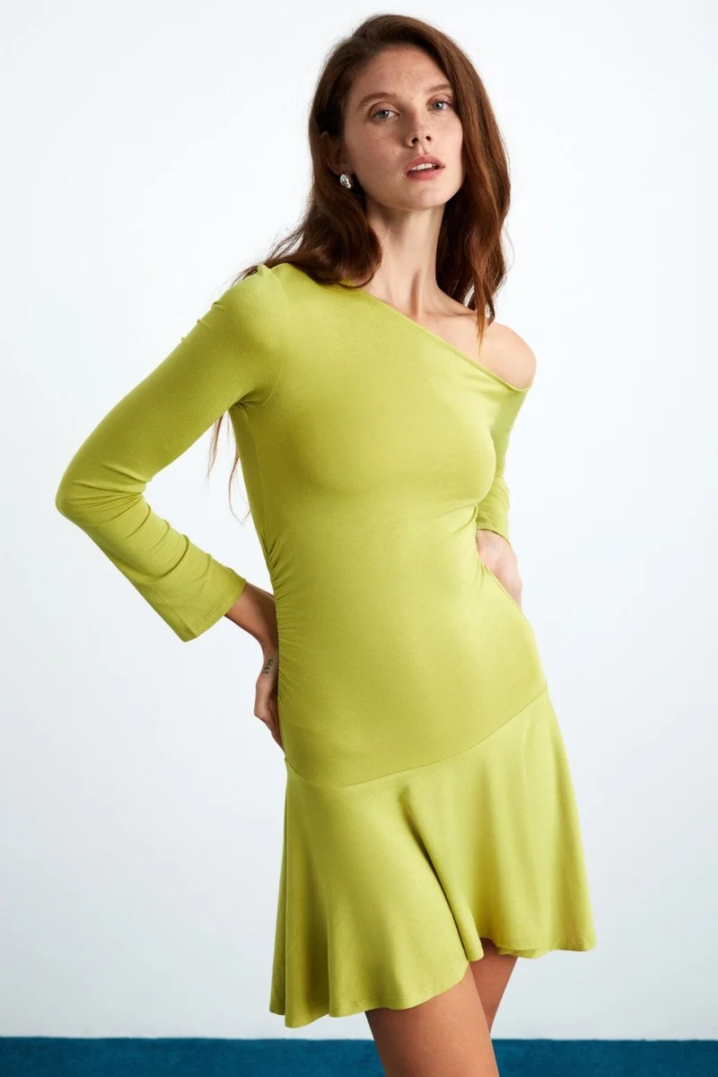 GRIMELANGE Glenis Women's Viscose Boat Neck Slim Fit Green Dress