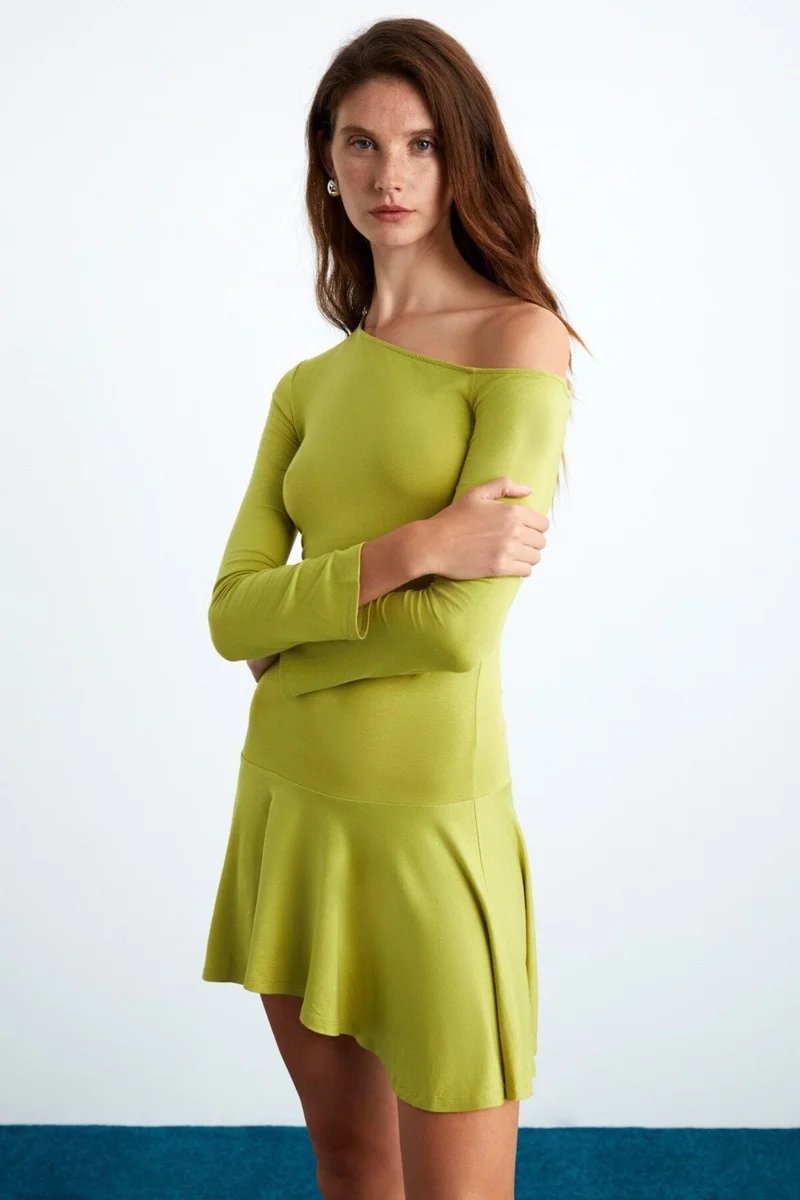 GRIMELANGE Glenis Women's Viscose Boat Neck Slim Fit Green Dress