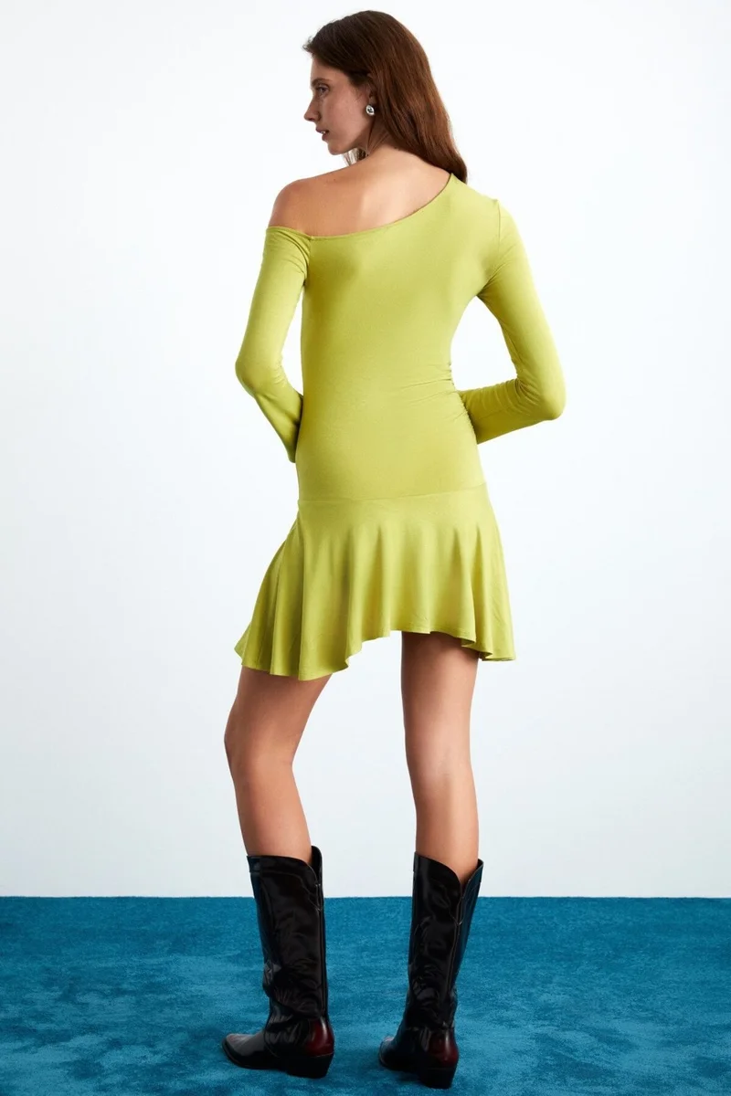GRIMELANGE Glenis Women's Viscose Boat Neck Slim Fit Green Dress