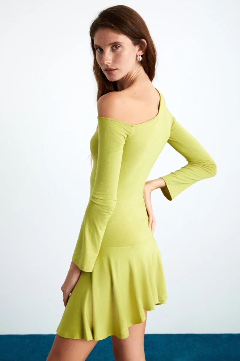 GRIMELANGE Glenis Women's Viscose Boat Neck Slim Fit Green Dress