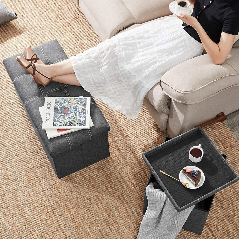 ASUVI Folding Storage Ottoman Long Shoes Sofa Bench Fabric Linen Footrest Stool Long Shoes Sofa Bench Fabric Linen Footrest Stool for Laundry Storage Space 76X38X38 CM Grey - Image 2