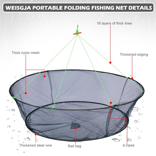 WEISGJA شبكة صيد الأسماك القابلة للطي WEISGJA، شبكة سرطان البحر مع حبل الصيد، قفص يدوي لرمي الشبكة، فخ شبكة صيد قابلة للطي للسمك الصغير، واللوبستر، وسرطان البحر، والجمبري، إلخ. (31.5 بوصة/80 سم) - Image 4