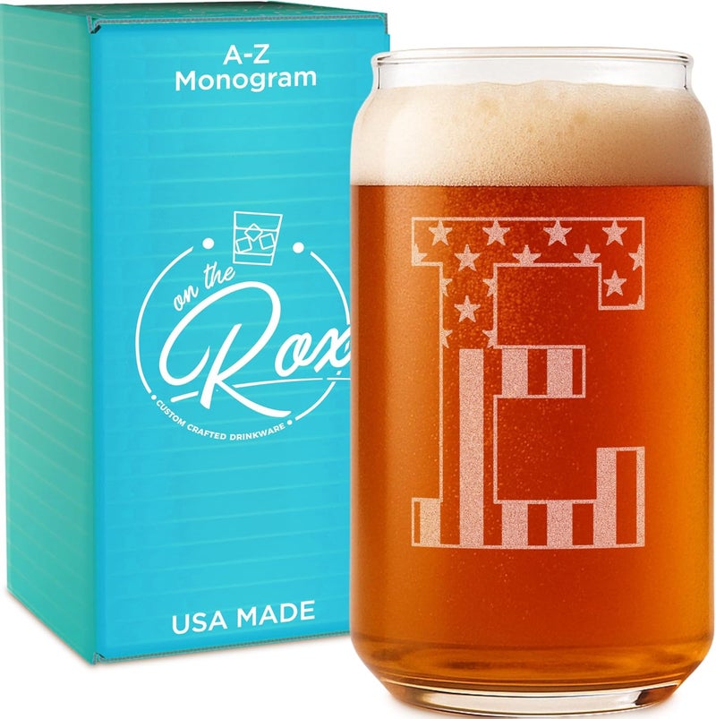 On The Rox Monogram Beer Glasses for Men (A-Z) 16 oz - Beer Gifts for Men Brother Son Dad Neighbor - Unique Gifts for Him - Personalized Drinking Gift Beer Glass Mugs - Engraved Beer Can Glass (E) - Image 1