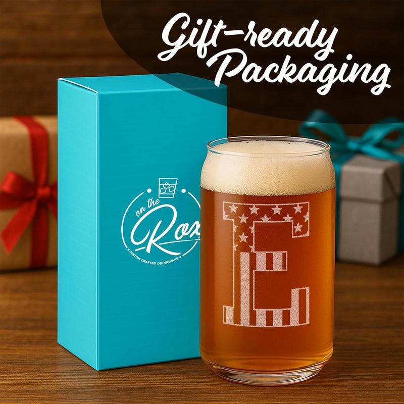 On The Rox Monogram Beer Glasses for Men (A-Z) 16 oz - Beer Gifts for Men Brother Son Dad Neighbor - Unique Gifts for Him - Personalized Drinking Gift Beer Glass Mugs - Engraved Beer Can Glass (E) - Image 4