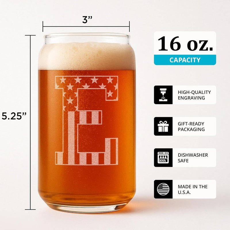 On The Rox Monogram Beer Glasses for Men (A-Z) 16 oz - Beer Gifts for Men Brother Son Dad Neighbor - Unique Gifts for Him - Personalized Drinking Gift Beer Glass Mugs - Engraved Beer Can Glass (E) - Image 3