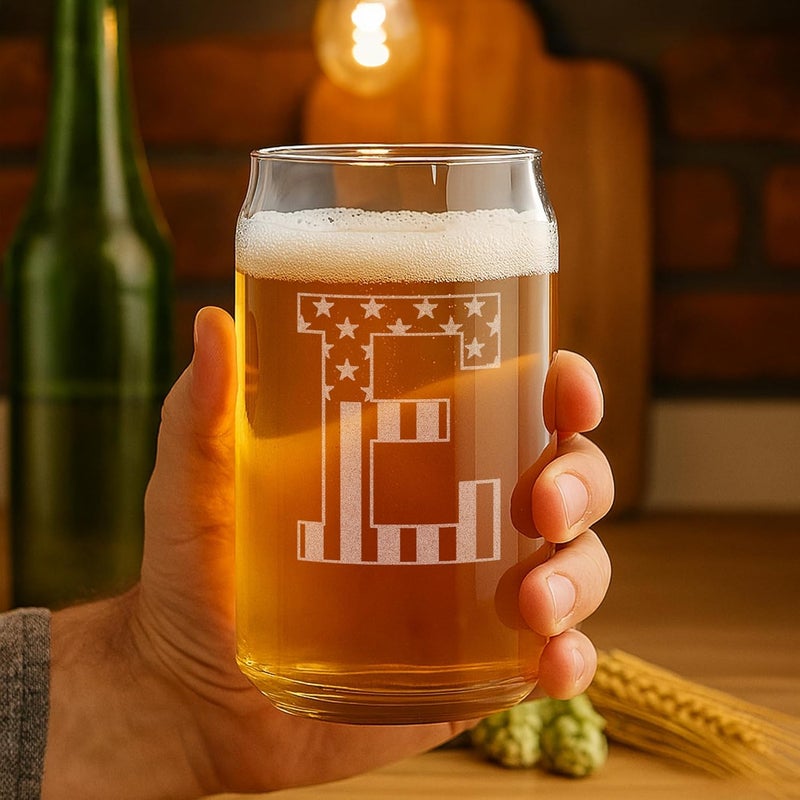 On The Rox Monogram Beer Glasses for Men (A-Z) 16 oz - Beer Gifts for Men Brother Son Dad Neighbor - Unique Gifts for Him - Personalized Drinking Gift Beer Glass Mugs - Engraved Beer Can Glass (E) - Image 2