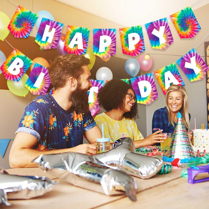 Tenare 15 Pieces Tie Dye Party Happy Birthday Banner Pennant Banner and 60's Hippie Theme Foil Swirl Decor for Tie Dye Party Art Classic 60s 70s Theme Hippie Carnival Shower Birthday - Image 4