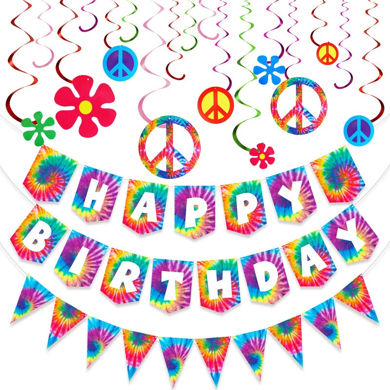 Tenare 15 Pieces Tie Dye Party Happy Birthday Banner Pennant Banner and 60's Hippie Theme Foil Swirl Decor for Tie Dye Party Art Classic 60s 70s Theme Hippie Carnival Shower Birthday - Image 1