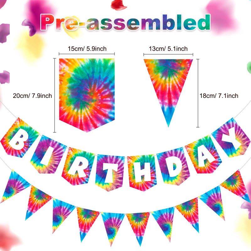 Tenare 15 Pieces Tie Dye Party Happy Birthday Banner Pennant Banner and 60's Hippie Theme Foil Swirl Decor for Tie Dye Party Art Classic 60s 70s Theme Hippie Carnival Shower Birthday - Image 2