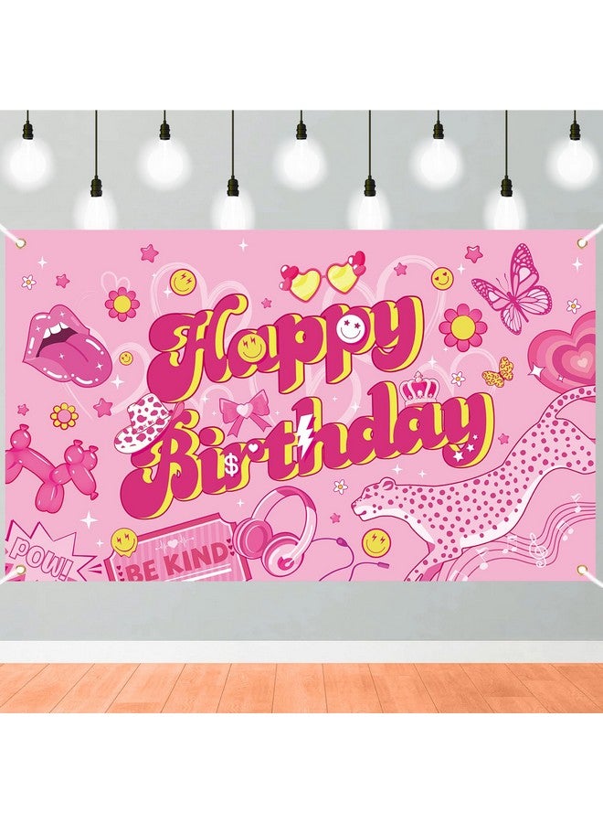 Qpout Preppy Happy Birthday Backdrop Pink Preppy Birthday Banner Hot Pink Birthday Photography Background For Girls Women Preppy Party Decorations Hot Pink Birthday Decorations - Image 1