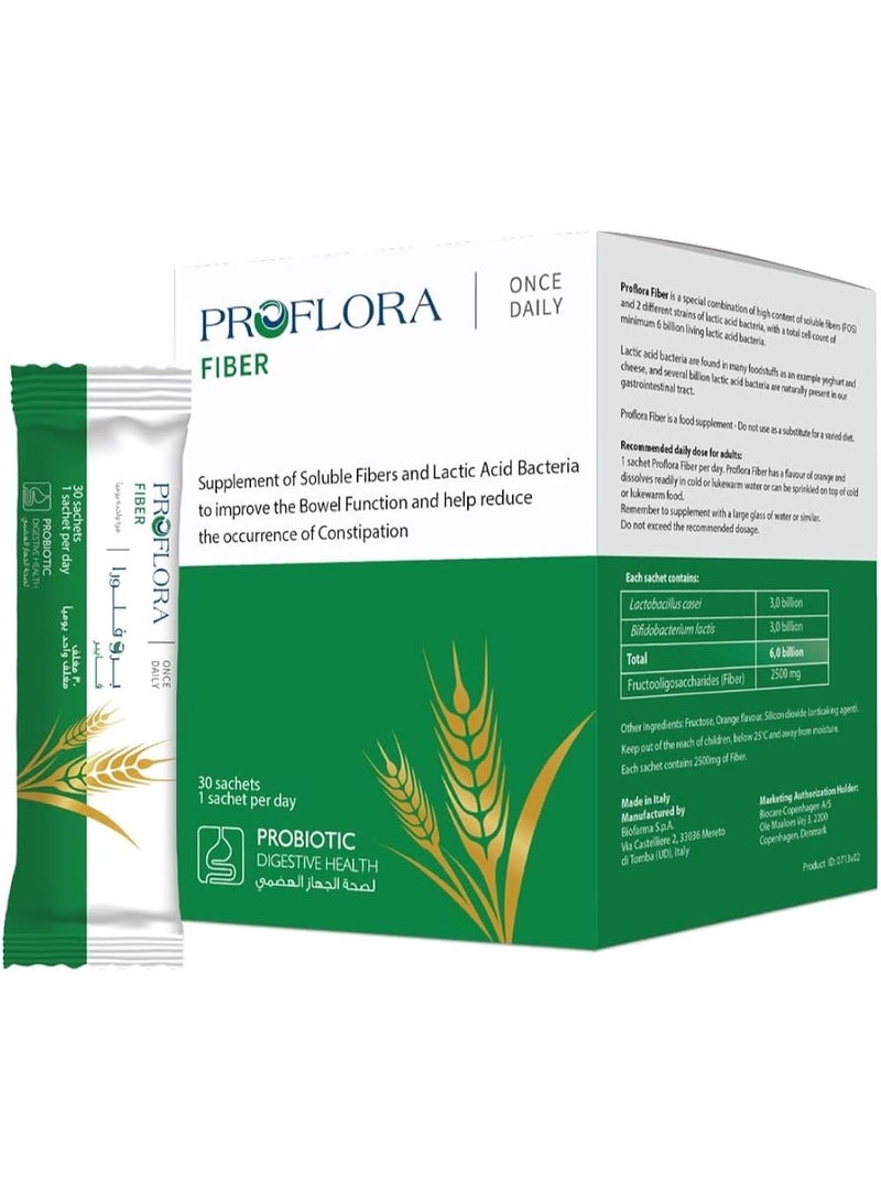 Proflora Fiber Prebiotic & Probiotic Fiber Supplement Sachets with FOS and 6 Billion CFU for Digestive Health & Bowel Regularity 30 Sachets