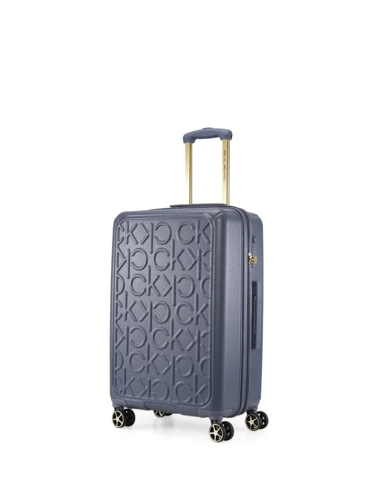 CALVIN KLEIN Big Monogram Hardside Spinner Luggage On Wheels, Ultra Lightweight ABS, 4 Double Wheels Color DENIM