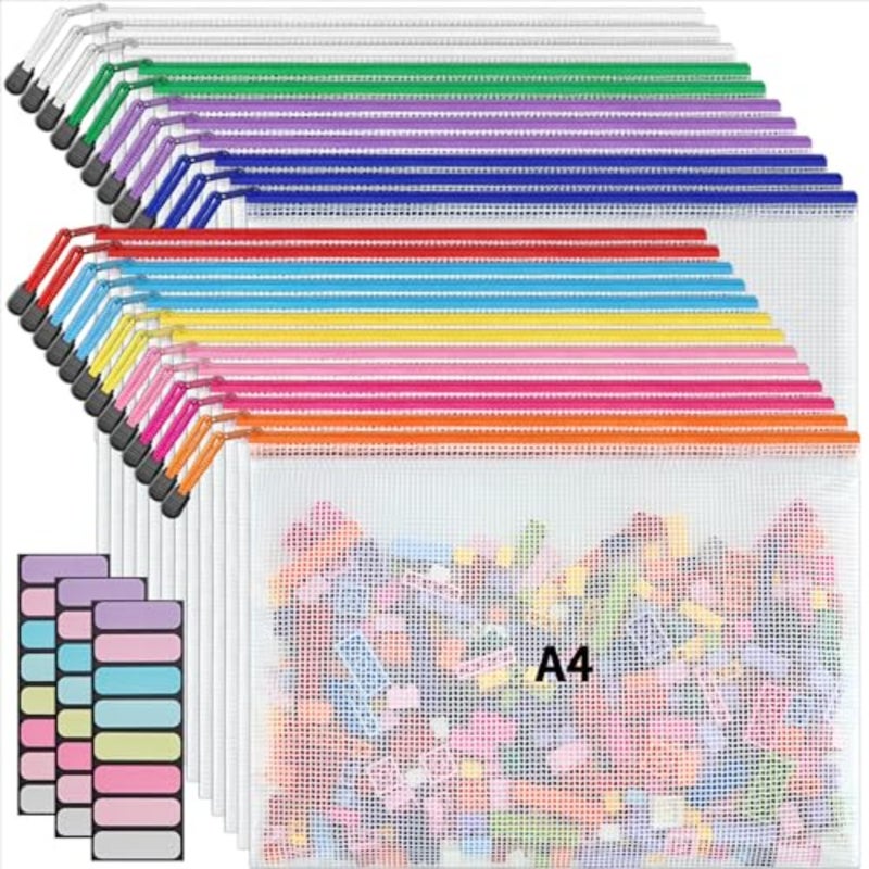 A4 Letter Size 24 Pack 10 Colors Zipper Mesh Document Pouch, Mesh Bags for Board Games and Puzzles, Waterproof Document Zipper Pouches for Office School Supplies, Toys, Cosmetics Travel Storage - Image 1