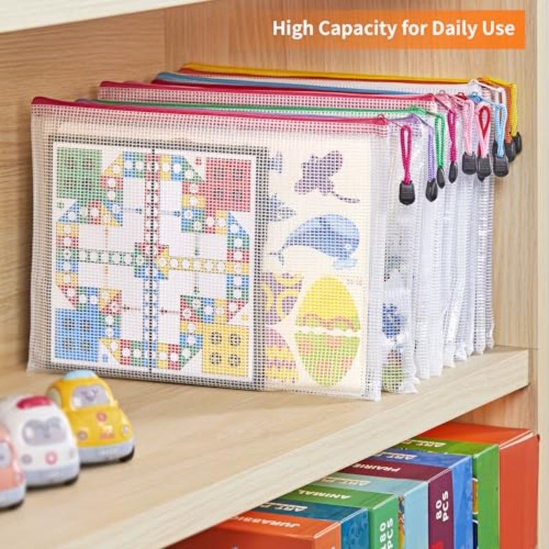 A4 Letter Size 24 Pack 10 Colors Zipper Mesh Document Pouch, Mesh Bags for Board Games and Puzzles, Waterproof Document Zipper Pouches for Office School Supplies, Toys, Cosmetics Travel Storage - Image 4