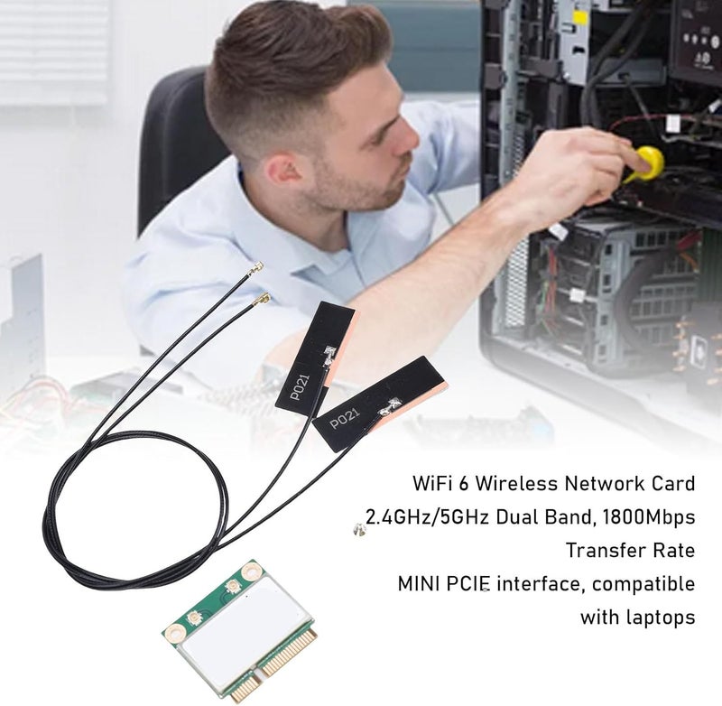 بطاقة شبكة لاسلكية Zunate WiFi 6 Mini PCIe، سرعة نقل 1800 ميجابت في الثانية، نطاق ترددي مزدوج (2.4G/5G)، مزودة بتقنيات BT5.3 وOFDMA وMU-MIMO، مناسبة لأجهزة اللابتوب والحواسيب الصغيرة التي تعمل بنظام لينكس (10/11) ومزودة بأنابيب هوائية. - Image 4