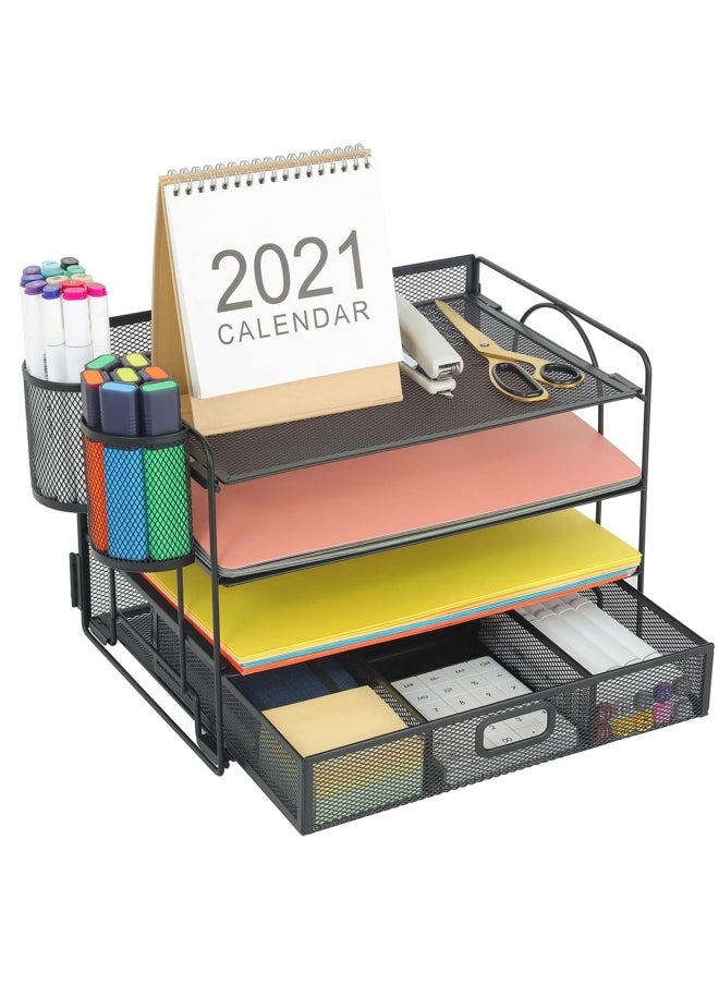 Marbrasse Marbrasse 4-Trays Desktop File Organizer With Pen Holder   Paper Letter Tray With Drawer And 2 Pen Holder   Mesh Office Supplies Desk Organizer For Home Office  Black  - Image 1