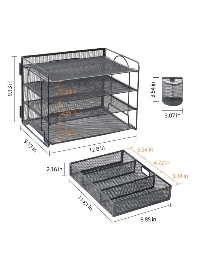 Marbrasse Marbrasse 4-Trays Desktop File Organizer With Pen Holder   Paper Letter Tray With Drawer And 2 Pen Holder   Mesh Office Supplies Desk Organizer For Home Office  Black  - Image 4