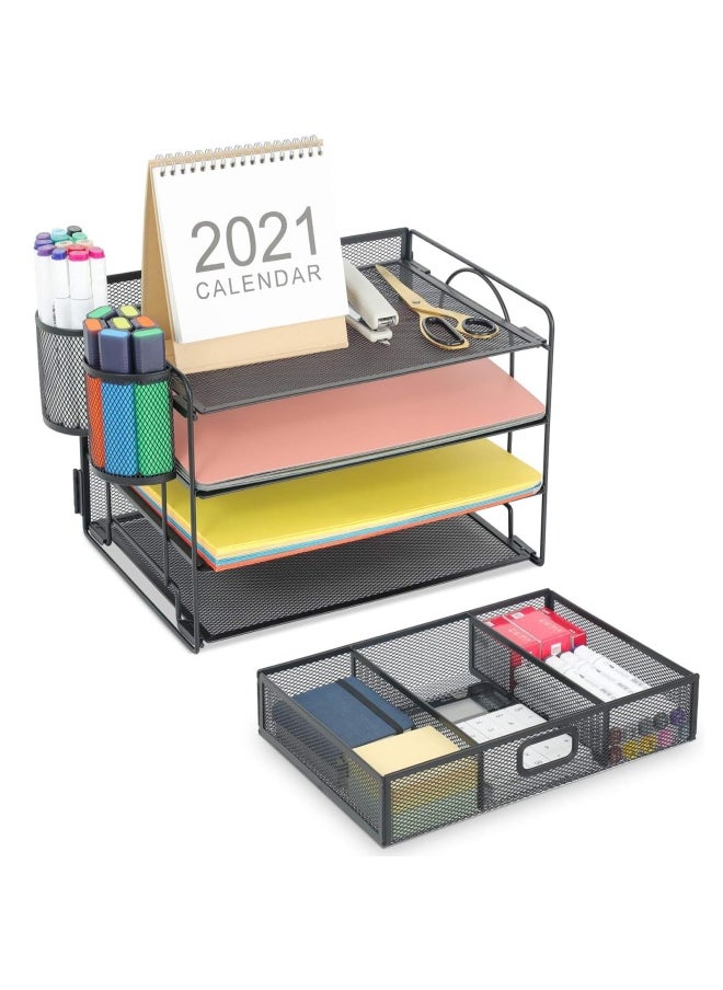 Marbrasse Marbrasse 4-Trays Desktop File Organizer With Pen Holder   Paper Letter Tray With Drawer And 2 Pen Holder   Mesh Office Supplies Desk Organizer For Home Office  Black  - Image 2