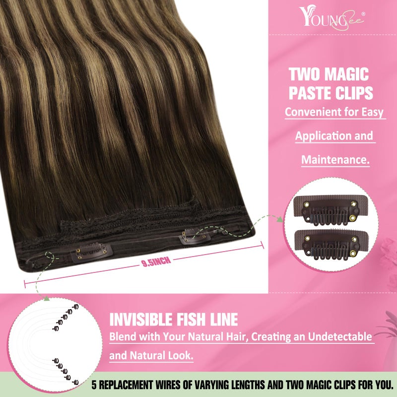 YoungSee Wire Human Hair Extensions Balayage Human Hair Wire Extensions Brown Fish Line Hair Extensions Balayage Chocolate Brown Mix Caramel Blonde for Women 16Inch 80G - Image 3