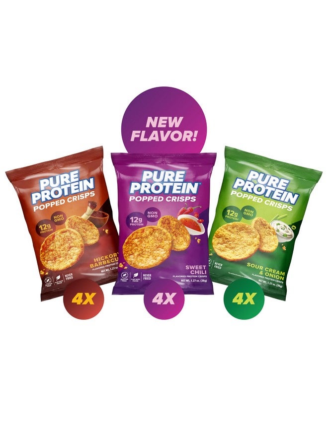 Pure Protein Popped Crisps, High Protein Snack, 12G Protein, Variety Pack: Hickory Barbecue, Sour Cream & Onion, Sweet Chili, 12 Count - Image 1