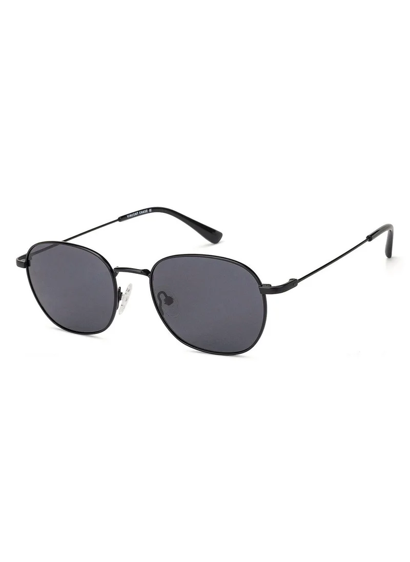 VINCENT CHASE VINCENT CHASE EYEWEAR By Lenskart | Full Rim Round Branded Latest and Stylish Sunglasses | Polarized and 100% UV Protected | Men & Women | Large | VC S13132 (Color:-Black Frame/Grey Lens)-Pack of 1