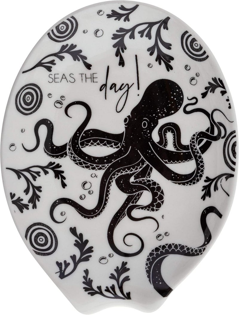 Karma , Boho Spoon Rest, Black and White Ceramic Spoon Rest, Ceramic Spoon Rest for Countertop, Octopus - Image 1