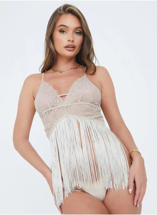 Styli All Lace Front Top Fringe Detail Babydoll and Thong Set