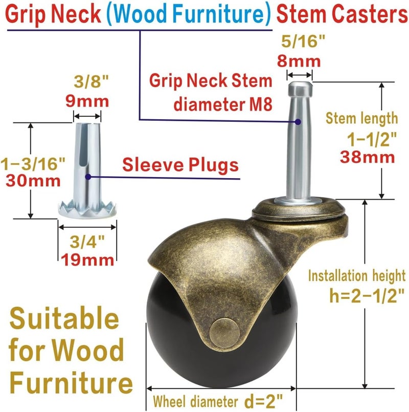 JGJC عجلات ذات قاعدة، مجموعة من 4 عجلات كروية بقطر 2 بوصة مع قاعدة (5/16" x 1-1/2") - Image 2