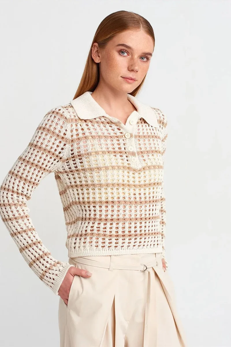 DILVIN Striped Polo Collar Button Knit Sweater