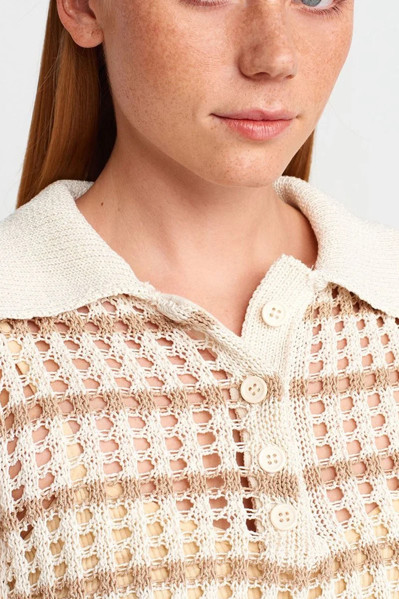 Dilvin Multicolor DILVIN Striped Polo Collar Button Knit Sweater for Women | Best Price UAE