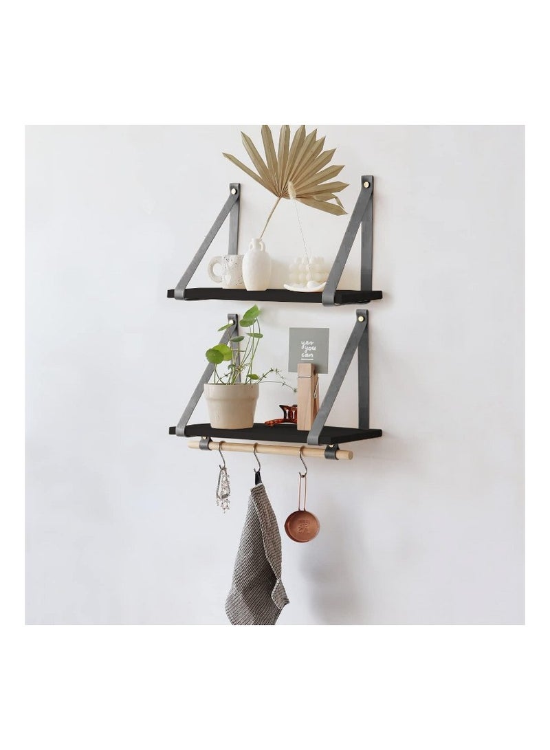 Home Gallery PU Gray Leather Strap Wall Floating Shelves Black - Image 1