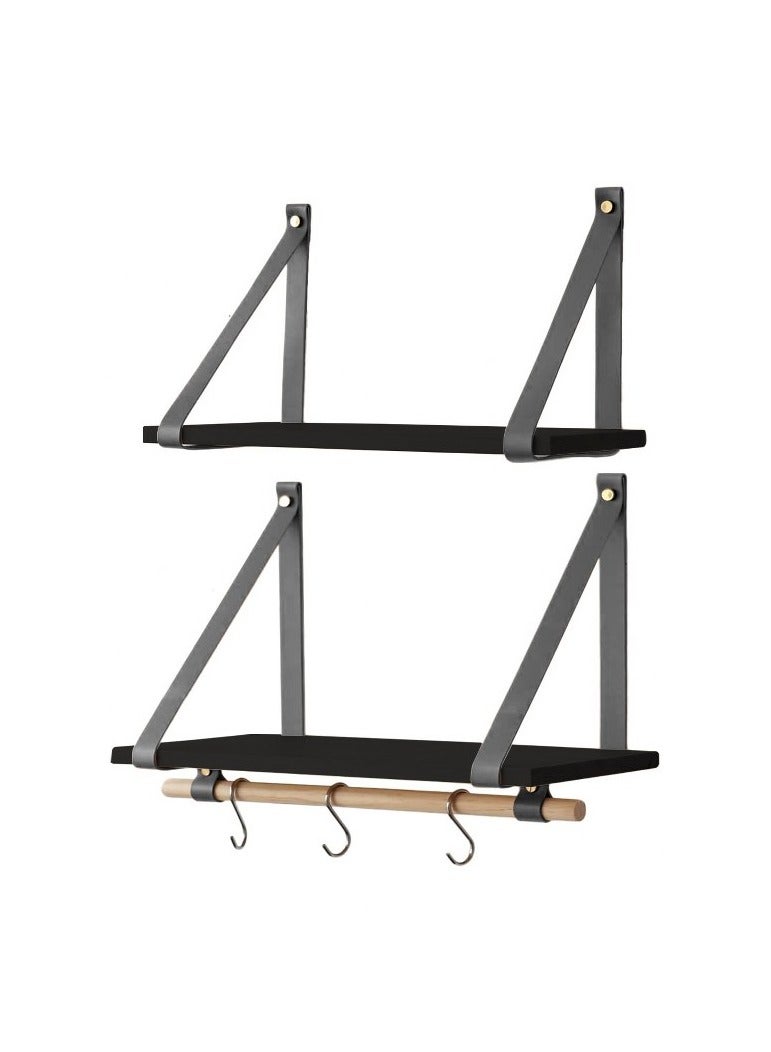 Home Gallery PU Gray Leather Strap Wall Floating Shelves Black - Image 2