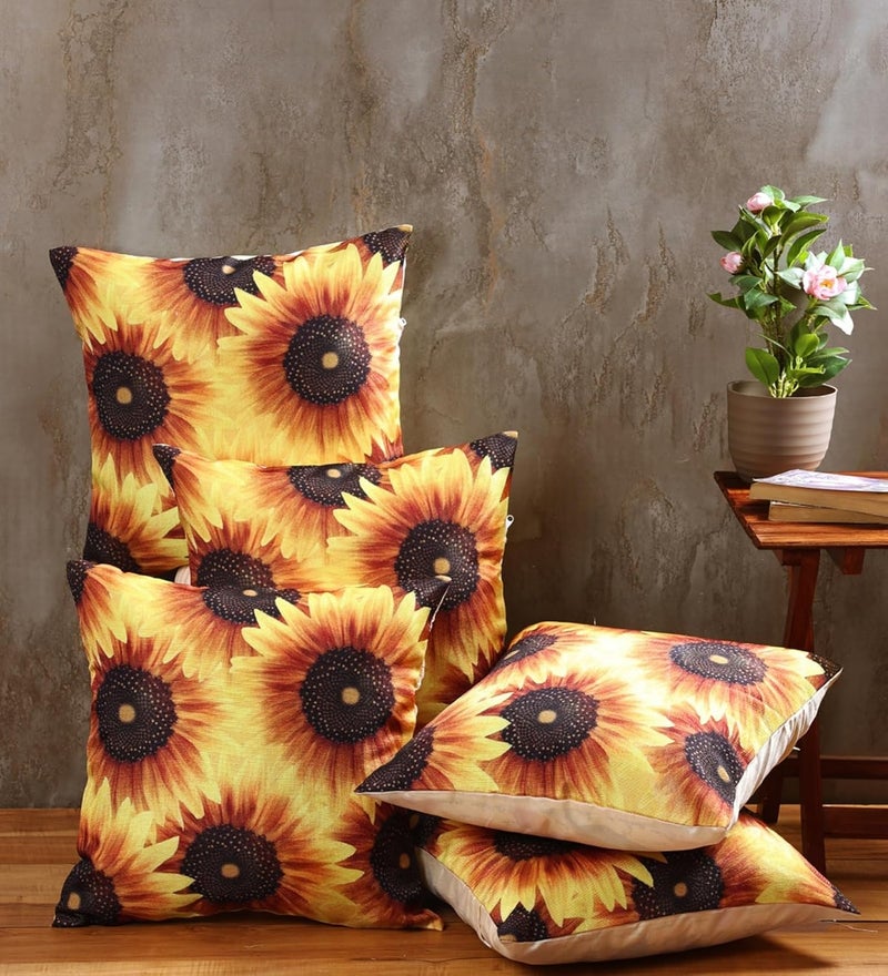 ROMEE Designer Floral, Sunflower Printed Cushion Covers 16 inch x 16 inch Set of 5 | Decorative Square Jute Throw Pillow/Cushion Cover for Living Room, Sofa, Couch, Bedroom (Multicolor) - Image 1