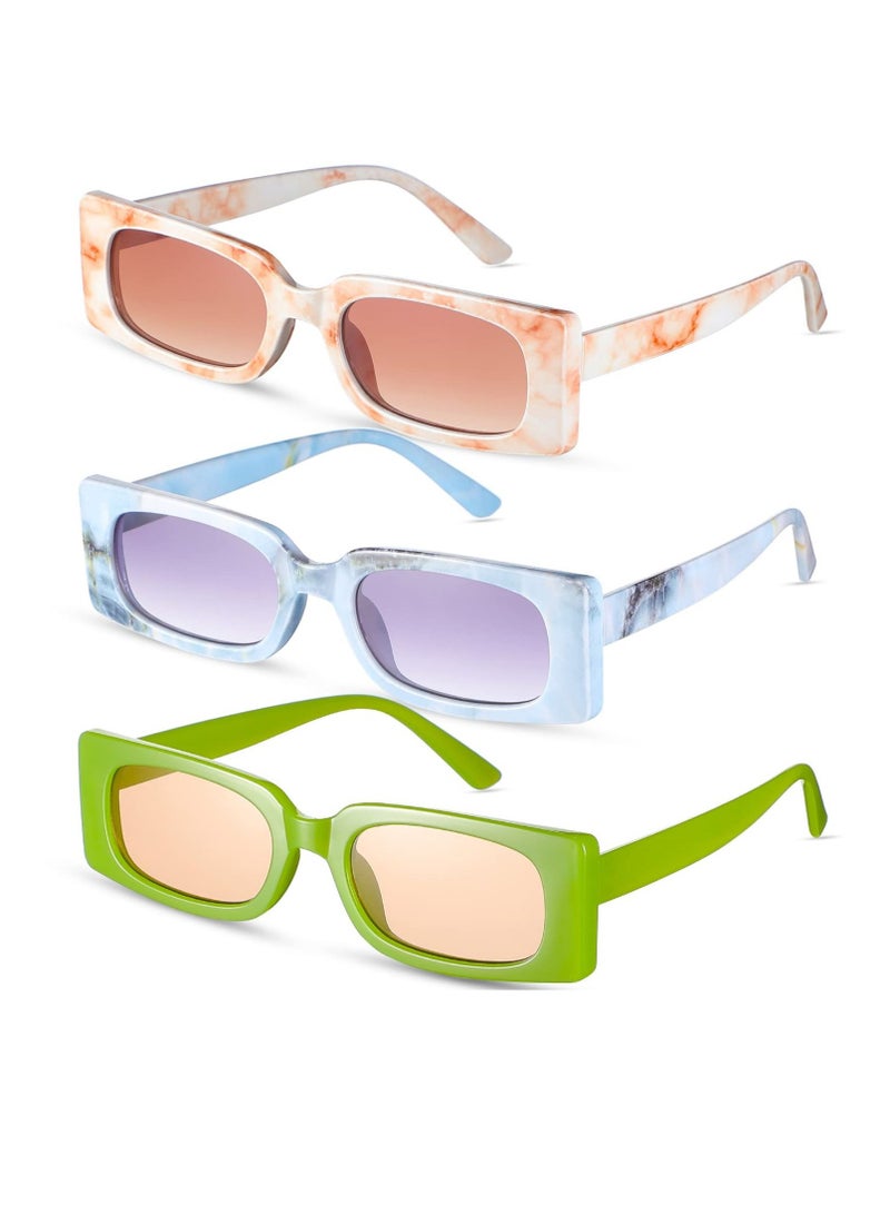 SOLARAE 3 Pieces Square Narrow Frame Sunglasses Retro Vintage 90s Rectangle Sunglasses Trendy Chunky Glasses for Women (Fresh Pattern) - Image 1