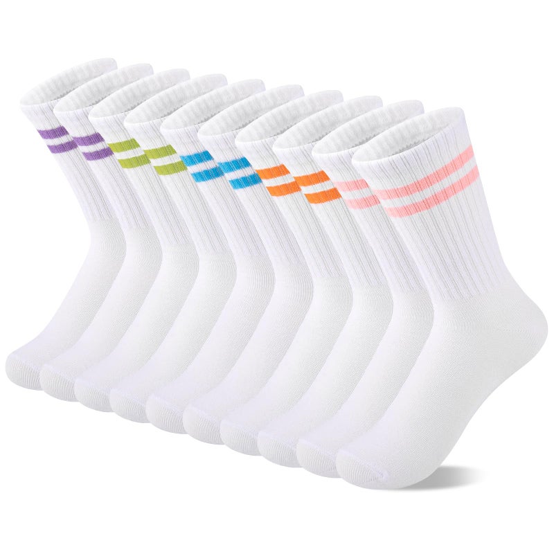 Comfoex 10 Pairs Girls Crew Cotton Socks Athletic Calf Striped Soft Casual Socks For Kids 4-6 6-8 8-10 Years Old - Image 1