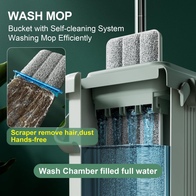JOYMOOP Mop and Bucket with Wringer Set, Flat Squeeze Mop with Bucket (X-Large), Dust Mop for Wall Cleaner with Long Handle, Microfiber Mop - Green Bucket with 3 Reusable 15" Pads - Image 2