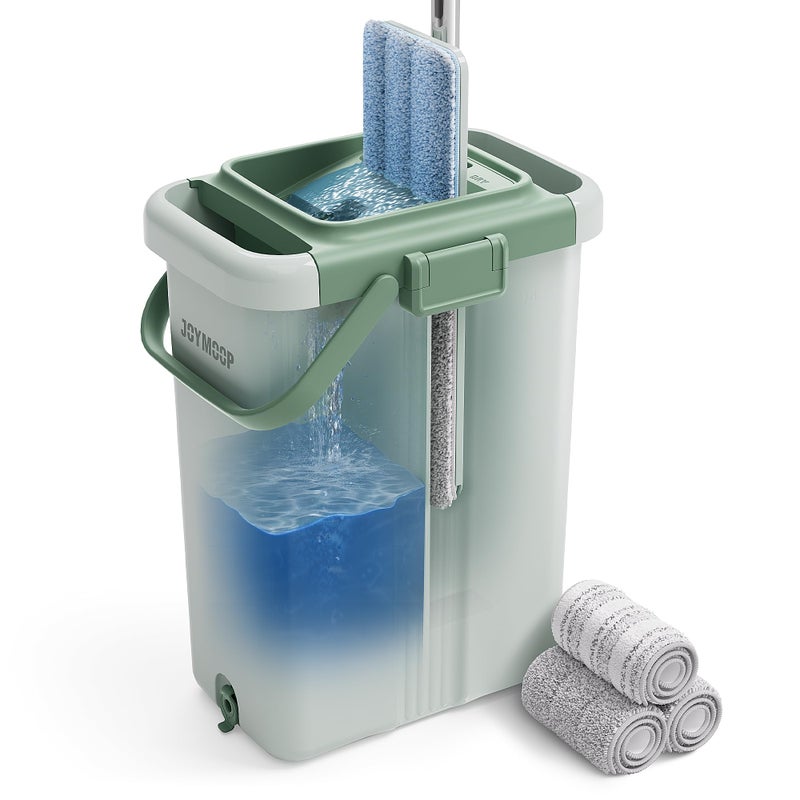 JOYMOOP Mop and Bucket with Wringer Set, Flat Squeeze Mop with Bucket (X-Large), Dust Mop for Wall Cleaner with Long Handle, Microfiber Mop - Green Bucket with 3 Reusable 15" Pads - Image 1