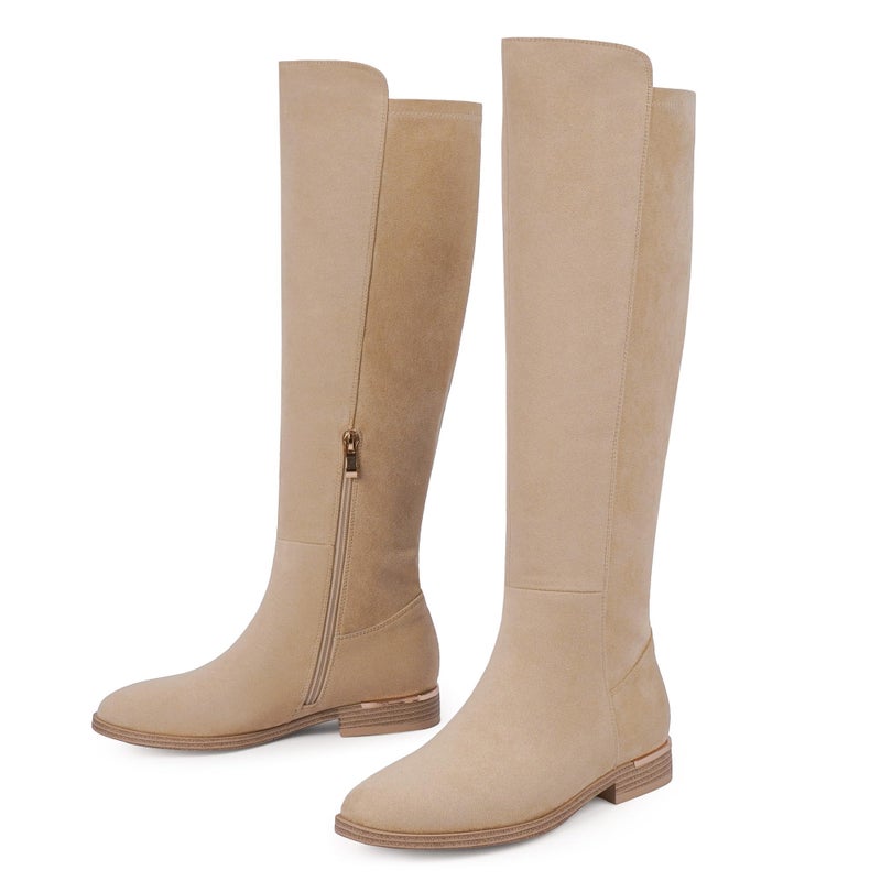 Modatope Beige Suede Boots Women Rounded Toe Flat Knee High Boots Block Chunky Heel Elastic Fall Winter Boot Fashion Riding Boot Women with Side Zipper Size 11 - Image 5