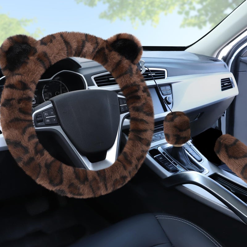 Accmor Fuzzy Car Steering Wheel Cover, Warm Fluffy Leopard Steering Wheel Cover with Cute Ears, Soft Plush Furry Car Accessories Decor for Women, Non-Slip Universal 15 inch Fit Vehicle, Truck, SUVs - Image 1