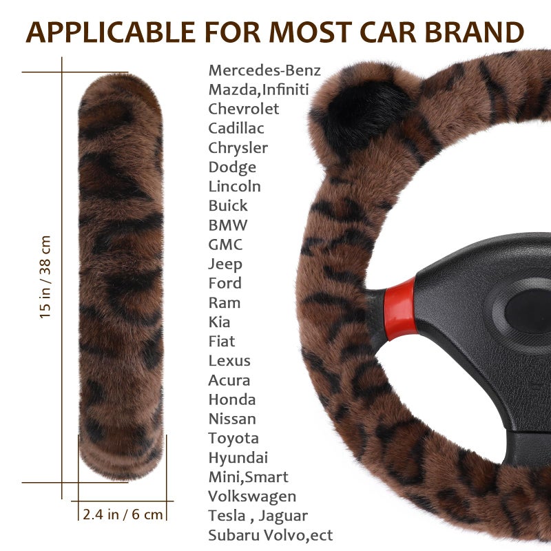 Accmor Fuzzy Car Steering Wheel Cover, Warm Fluffy Leopard Steering Wheel Cover with Cute Ears, Soft Plush Furry Car Accessories Decor for Women, Non-Slip Universal 15 inch Fit Vehicle, Truck, SUVs - Image 2