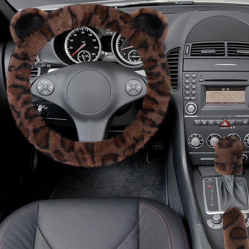 Accmor Fuzzy Car Steering Wheel Cover, Warm Fluffy Leopard Steering Wheel Cover with Cute Ears, Soft Plush Furry Car Accessories Decor for Women, Non-Slip Universal 15 inch Fit Vehicle, Truck, SUVs - Image 3