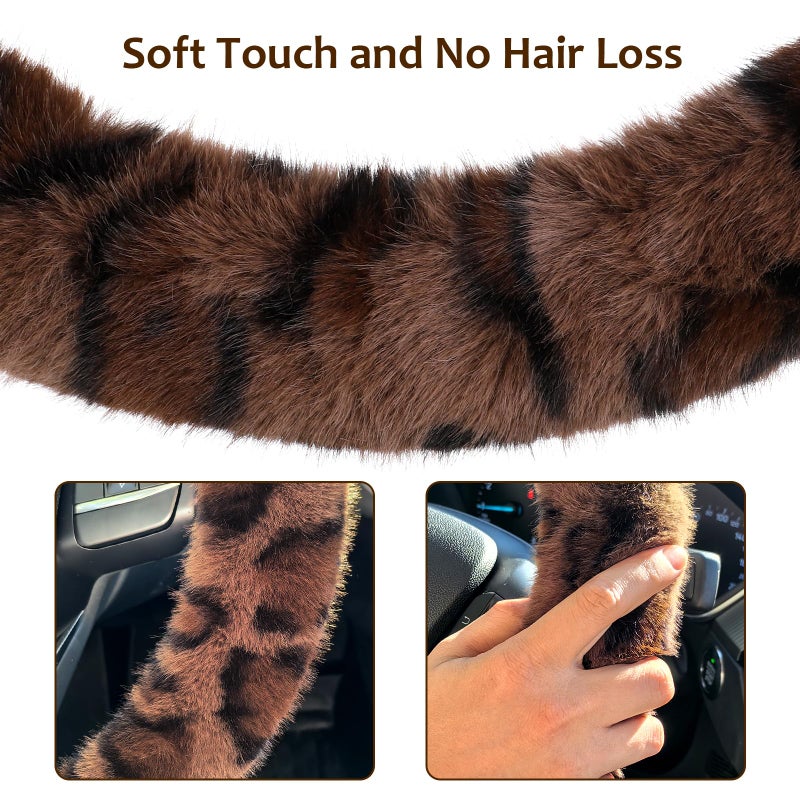 Accmor Fuzzy Car Steering Wheel Cover, Warm Fluffy Leopard Steering Wheel Cover with Cute Ears, Soft Plush Furry Car Accessories Decor for Women, Non-Slip Universal 15 inch Fit Vehicle, Truck, SUVs - Image 4