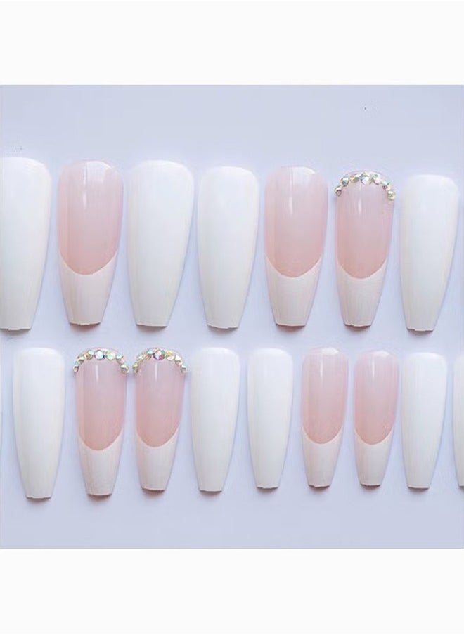 HY Nail Tips, Square Press on Nails Medium Fake Nails White French Tip Acrylic Nails 3D Ballet French 3D Rhinestones 24 Pcs for Women and Girls  - Image 5